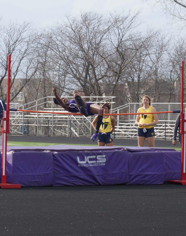 Sophomore Christine Ibeagi shows her skills in the high jump. 
