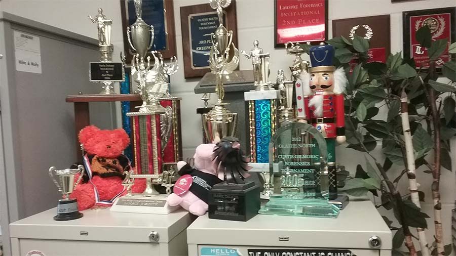Some of the displayed debate awards in coach Tori Deneaults classroom.