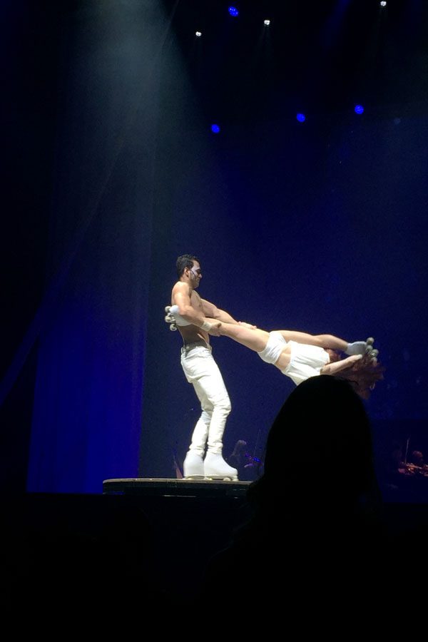 Performers at the Cirque du Soleil show display their teamwork and acrobatic skills.
