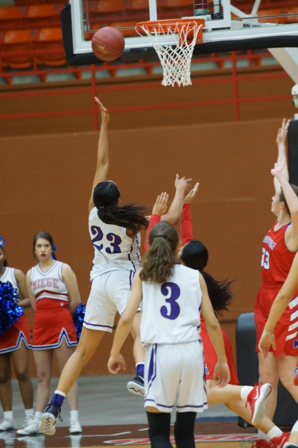 Junior Ryan Cobbins  pushes the ball into the basket to score some points for the Lady Pirates. 