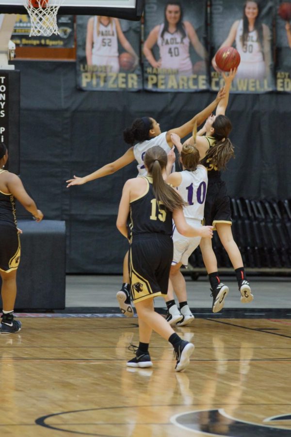 Freshman Jessica Thomas fouls Paola at the state tournament. 