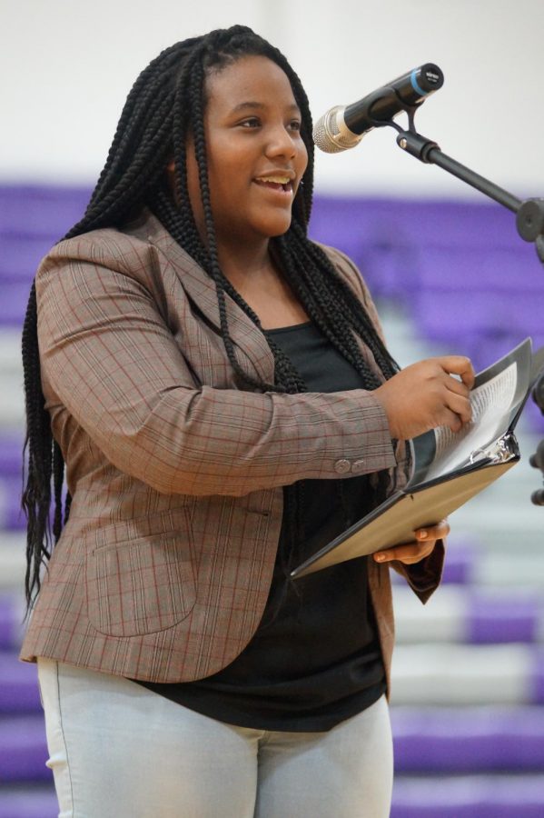 Freshman Amaya Starks performs her forensics piece at the dance showcase.