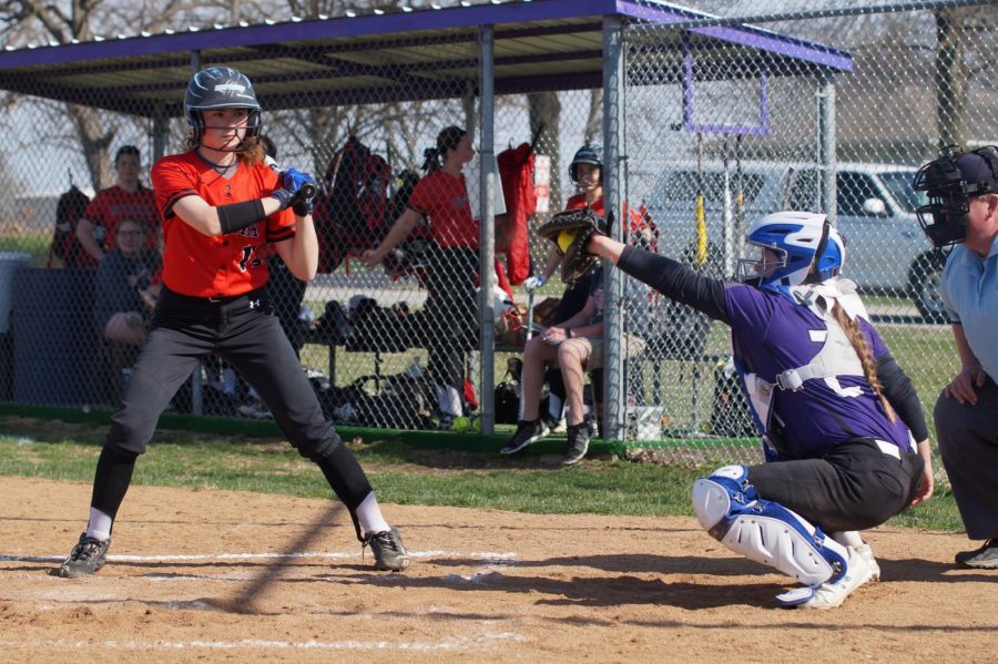 Freshman Kaitlyn Bradbury catches a strike  against the Cyclones, April 11
