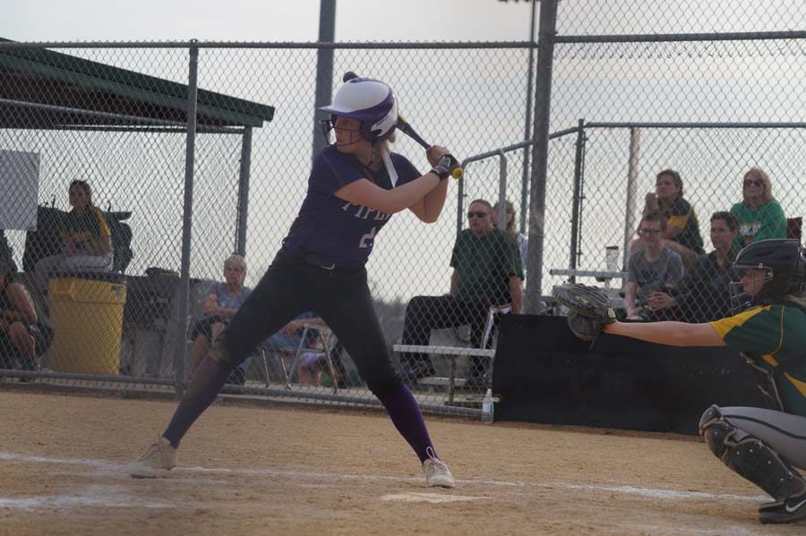 Sophomore Daily Beashore gets ready to hit against the Basehor pitcher on April 12.