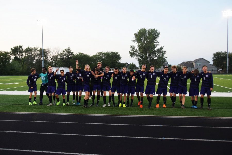 The Varsity Pirates Soccer team thanks the crowd after their win. 