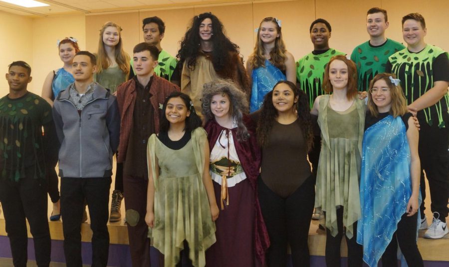 	The cast of “Wily and, the Hairy Man,” consisting of Junior Kenny Brown, Sophmore Dylan Taylor- Cantu, Sophmore Ty Shelly, Senior Alison Henry, Sophomore Bianca Quijas, Junior Jaqualyn Wheeland, Sophmore Chevy Rouse in front, and Freshman Alora Jones, Junior Polina Rakusheva, Sophmore Anish Sinchuri, Sophomore Gwen Gambrill, Freshman malachi Watson, Senior Logan Ferris, and Senior Natalie Masters in back, all pose for a group photo after a successful performance.
