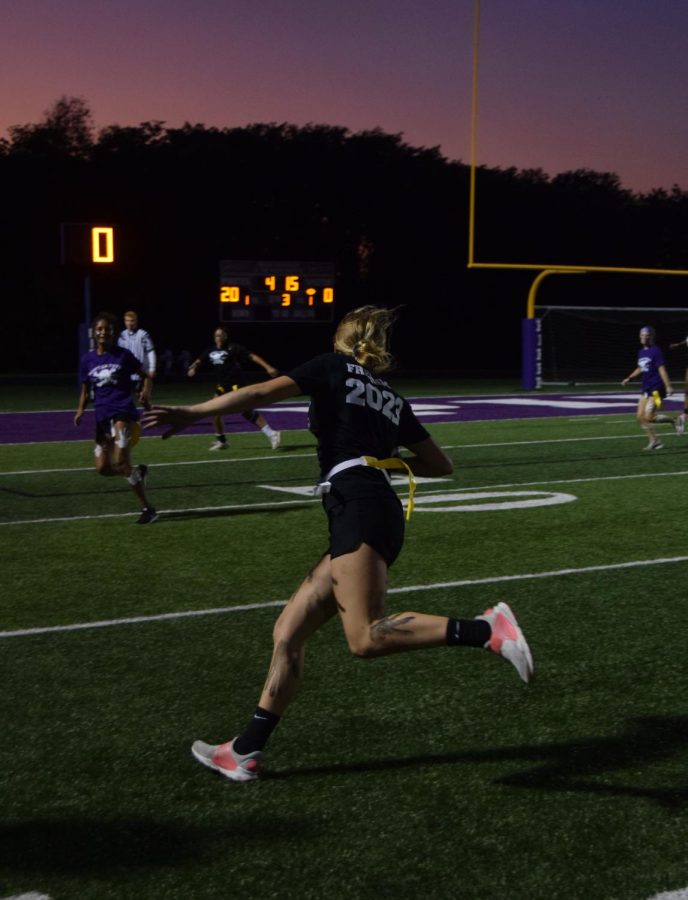 Freshman Madi Welker runs for a first down just inside the ten yard line in the third quarter. 