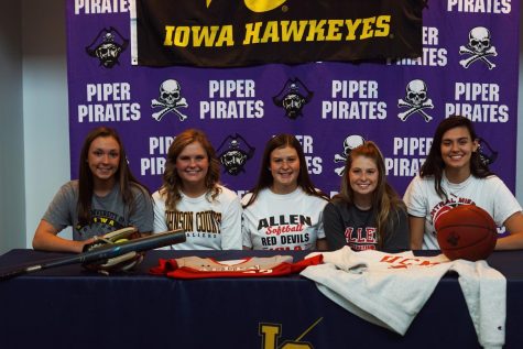 Seniors Grace Banes, Emma Martin, Chloe Rogers, Bella Gravatt, and Alison Vigil signed at Piper High School on Nov 13. Banes, Martin, Rogers, and Gravatt will continue their softball career at the collegiate level, and Vigil will be playing basketball.  