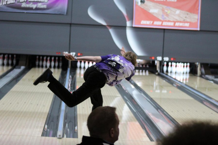 Senior Brendyn Bard slings his ball down the lane, heading for another strike. 