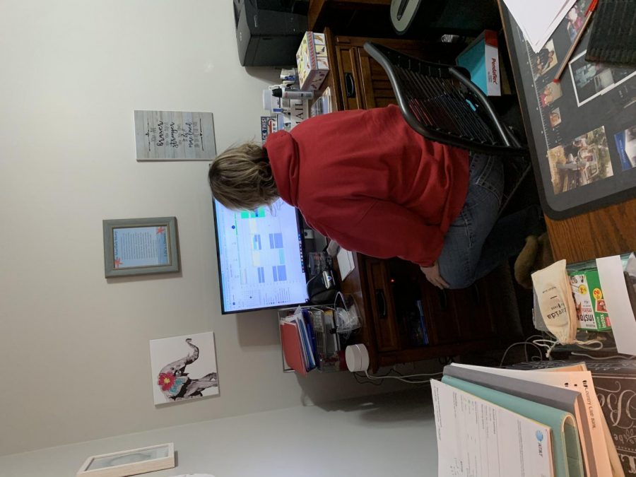 Leigh Ann Wohletz, my mother, is working on her job as an accountant for a sheet metal business on the evening of April 16 in our basement. Leight Ann has been working at home in her office more frequently due to the virus.
Photographed by Alex Ivanuska
