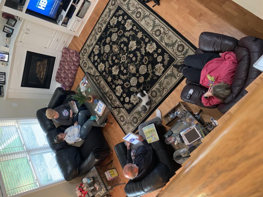 This is my family relaxing in the evening after dinner on April 17. We had just had Olive Garden takeout and everyone was gearing up to go to bed. 
Photographed by Alex Ivanuska
