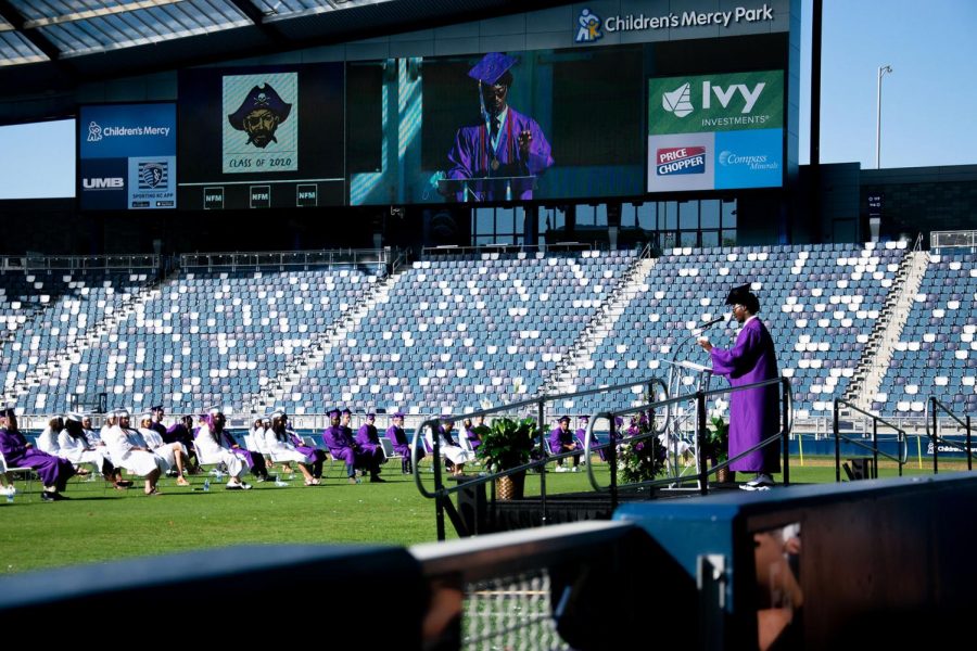 Addressing the Class of 2020 and other audience members, Miles Lockridge, senior class president, asks future graduates to reflect on their time and work towards a better future.