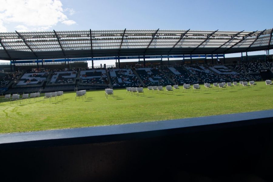 Empty seats await the future graduates at the Children's Mercy Park in Kansas City, Kansas.