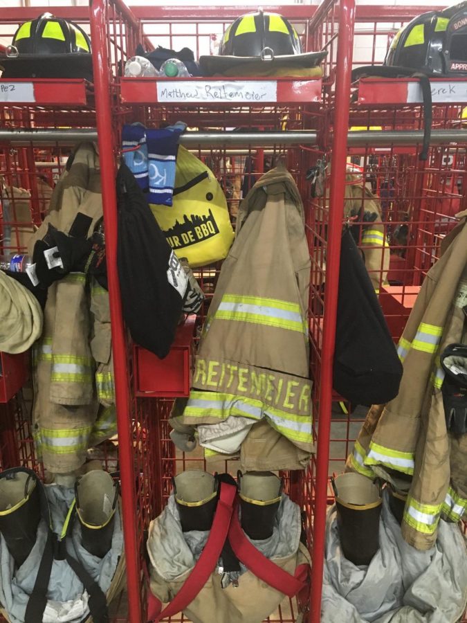 Reitemeier's locker at the Bonner Springs Fire Department contains his helmet, uniform, boots, and more.