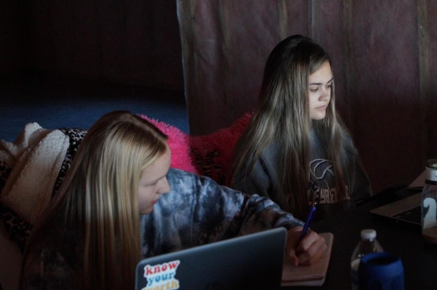 Sophomores Lilly Ladish and Lydia Vogel work together while remote learning.