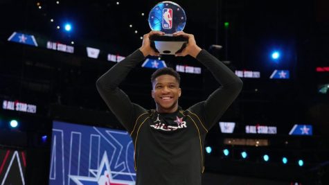 All-Star game MVP Giannis Antetokounmpo holds his Kobe Bryant Award which is given to the MVP of the game. Antetokounmpo went a perfect 16 for 16 from the field with 35 points.