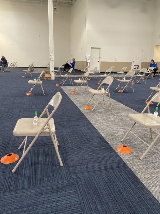 After receiving the vaccine, individuals must sit in these chairs for 15 minutes to make sure no side effects or reactions occur. Complementary hand sanitizers are available to take home.