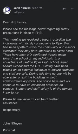 A screenshot of the message the Piper community received from principal John Nguyen.